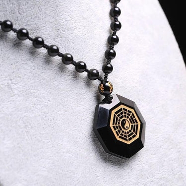 Natural Obsidian Stone Bagua Map Pendant Necklace